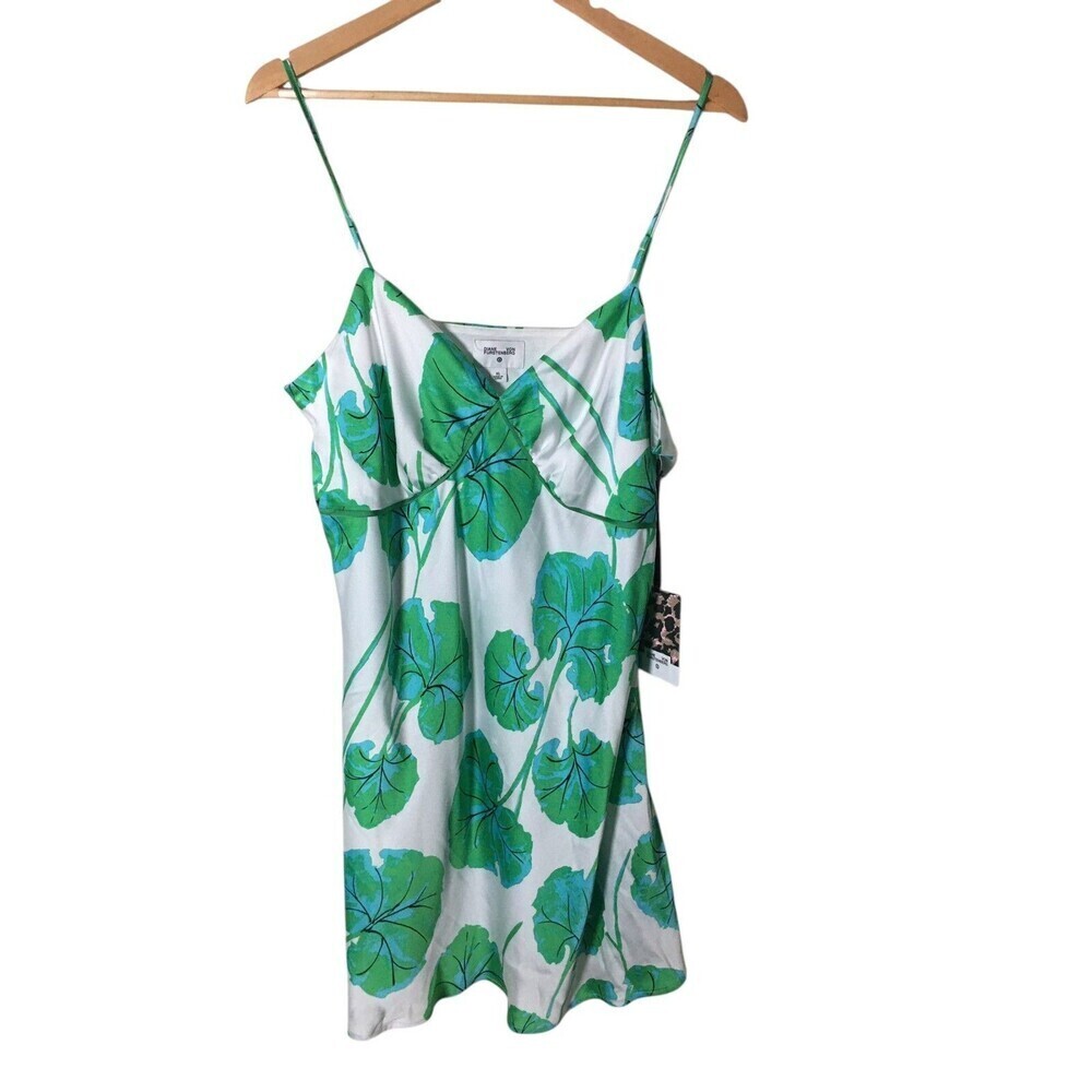 Diane Von Furstenberg Top Women's Size XL White Green Tropical Spaghetti Strap